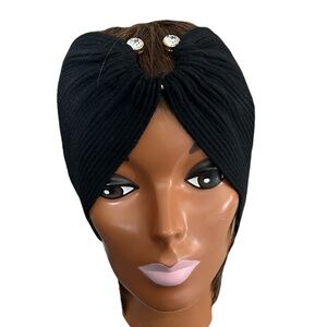 Black Stretch Headband Turban Style Head Wrap with 2 Large Rhinestone Accents